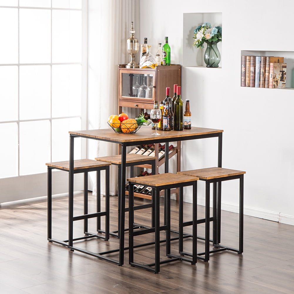 Kadyn Bar Table And Chair Set Of 5, Breakfast Bar Table and Stool Set, Minimalist Dining Table with Backless Stools, Light Walnut Color