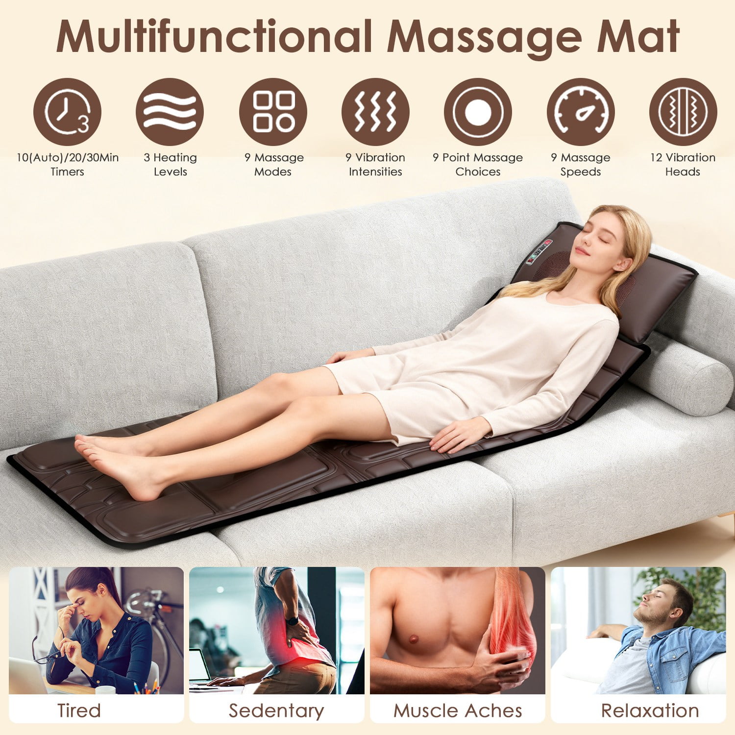 Imountek PU Leather Full Body Massage Mat with Heat Timer, Multifunctional Electric Massage Chair Pad with Shiatsu Neck Massager Carry Bag Earplugs Anti-Slip Bottom for Home