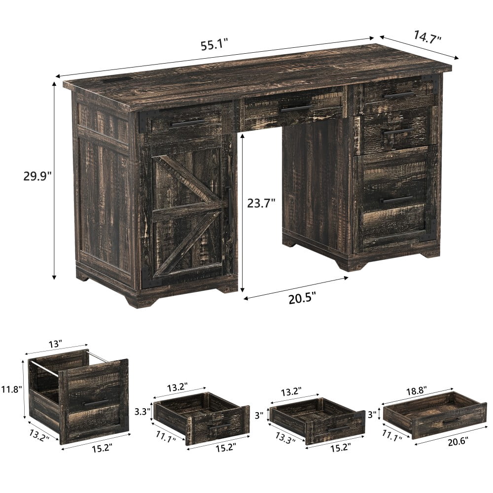 55" Farmhouse Executive Desk with Charging Station & Power Outlet, Computer Desk with 5 Drawers & Cabinet, Rustic Walnut Writing Desk for Home Office, Gray