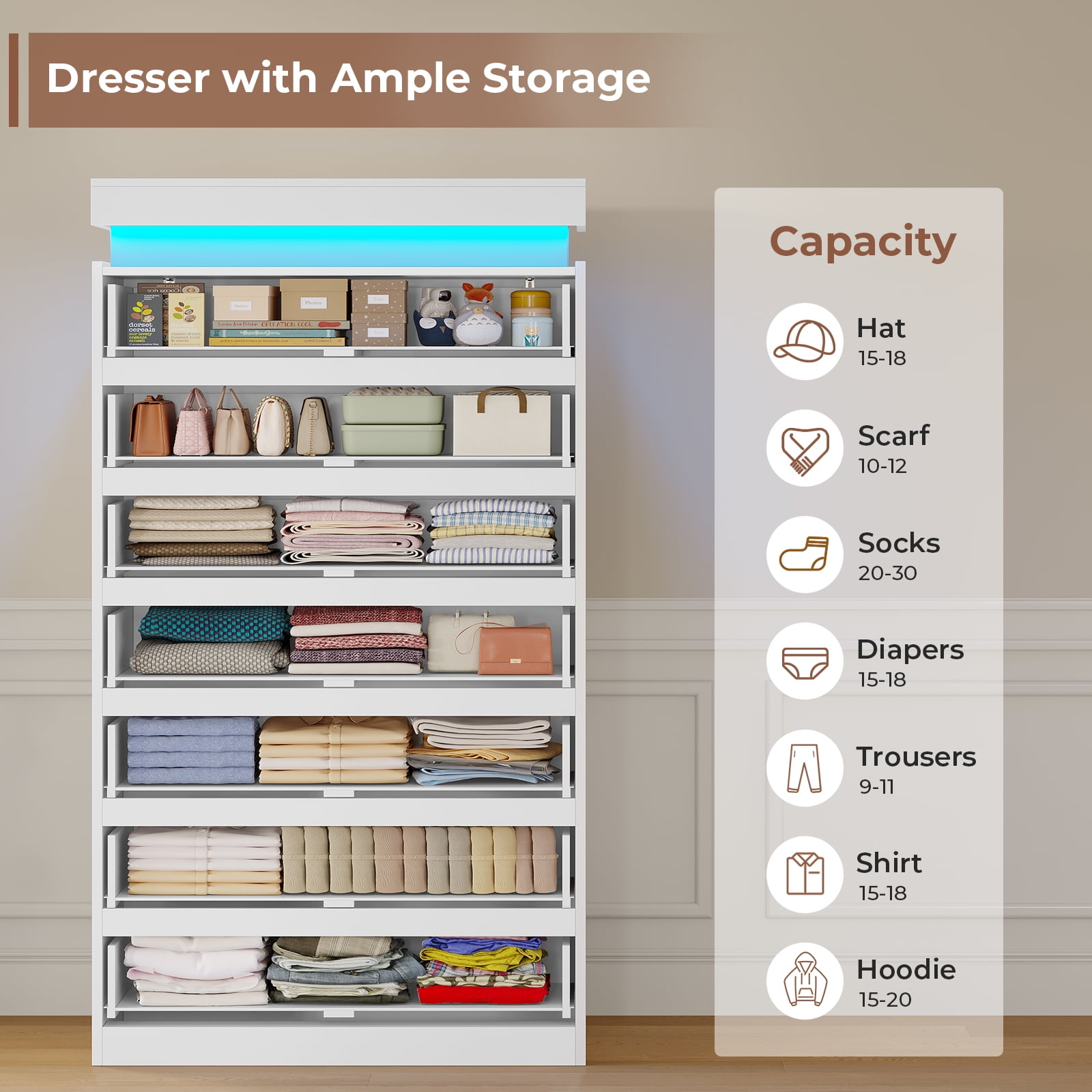 Afuhokles White Tall Dresser Wood 7 Drawer Dressers for Bedroom with LED Light, Wood Chest of Drawers Storage Cabinet.