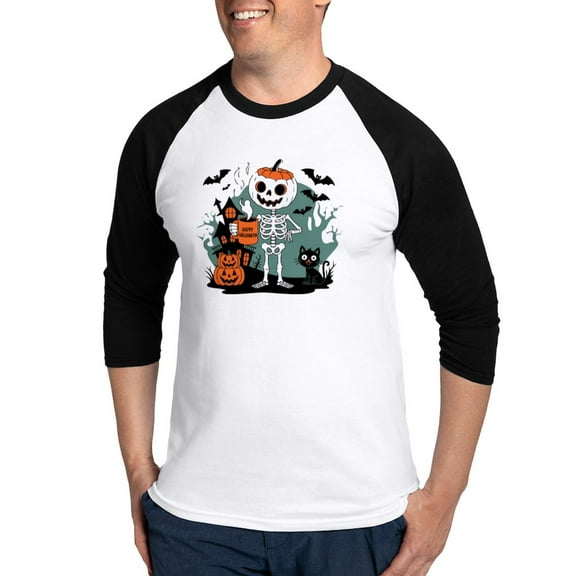 CafePress - Pumpkin Skeleton Drinking Coffee Shirt, Funny Hall - Cotton Baseball Jersey, 3/4 Raglan Sleeve Shirt
