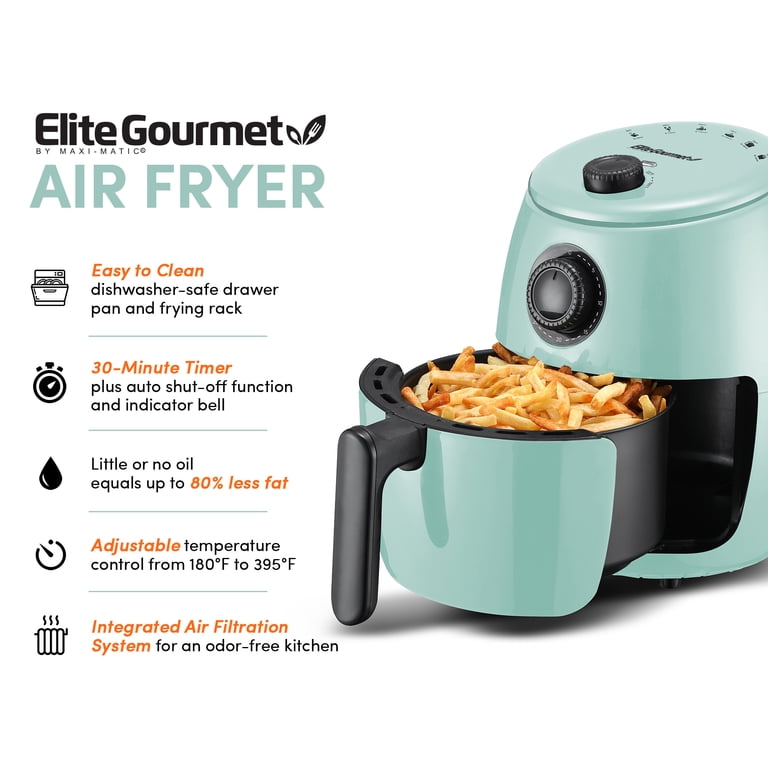 Elite Gourmet Personal 2.1 Qt. Air Fryer | Oil-Less Healthy Cooker, 1000W, Timer & Temp Control, Blue Gray, Compact Size