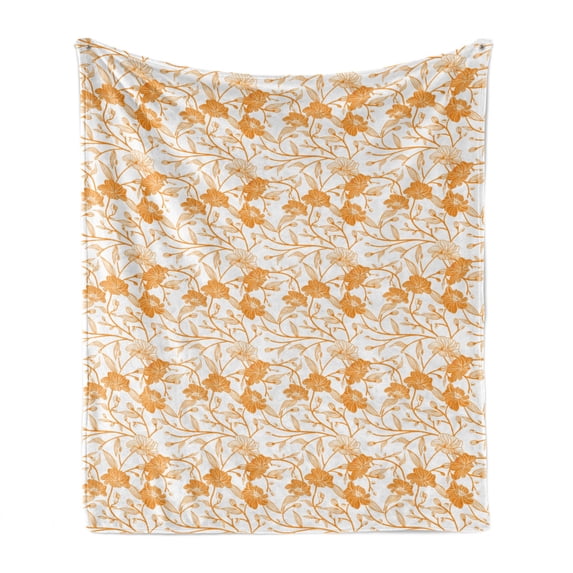 Orange and White Soft Flannel Fleece Throw Blanket, Abstract Drawing of Flowering Stems Blooming Buds Nature Coming Alive, Cozy Plush for Indoor and Outdoor Use, 50" x 70", Orange White, by Ambesonne