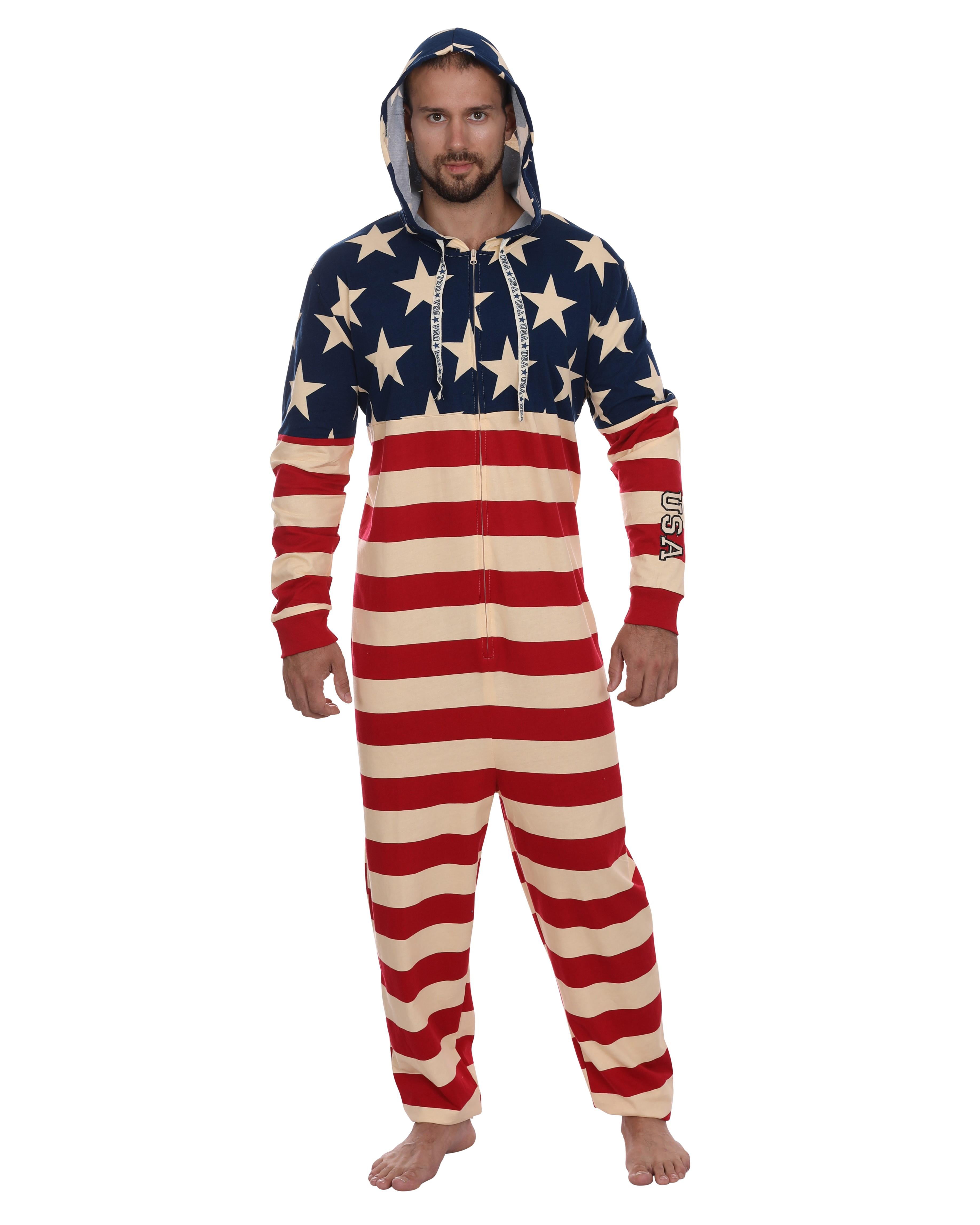 Prestigez - Prestigez Mens Union Suit USA Flag Adult Hooded Pajama ...