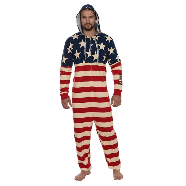 Prestigez Prestigez Mens Union Suit USA Flag Adult Hooded Pajama