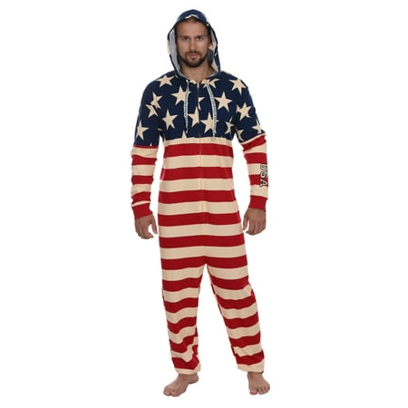 Men's American Flag Hooded Union Suit USA Pajama Costume Onesie Pajama