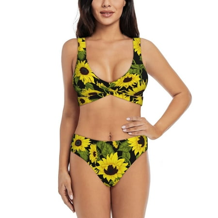 Zeuib Sunflowers In Vintage High Waisted Tummy Control Bikini Set - Knot Front Push Up Top & Cheeky Thong Bottom  Two-Piece Swimsuit for Women-XX-Large