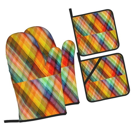 

Tebeau Abstract Watercolors Tartan Print 4 Pcs Oven Mitts and Pot Holders 500°F High Heat Resistant Kitchen Oven Mitts with Pot holders Long Oven Mitts for Baking and Cooking