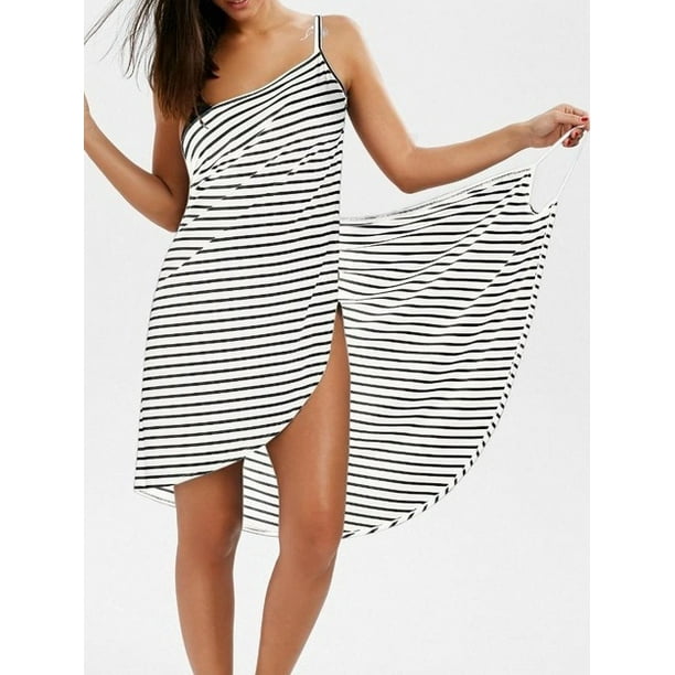 Women Stripe Bikini Cover Ups, Spaghetti Strap Backless Beach Wrap Dress  One Piece Swimwear 