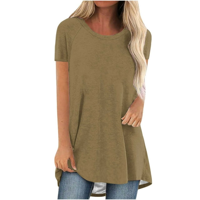 Pisexur Womens Summer Plus Size Tops Casual Solid Color Blouses Short Sleeve Shirts Flowy Pleated Tunic Tops