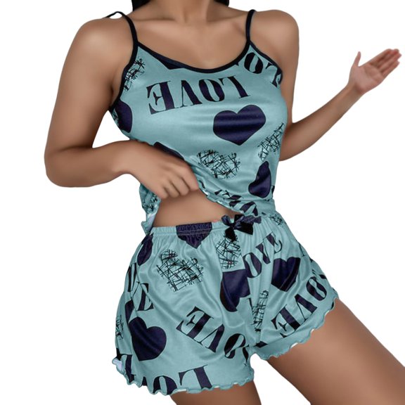 Likimi Pajamas For Women Set Crew Neck Hearts Print Sleeveless Pjs Tops With Shorts Summer Comfort Loungewear Grey Size L