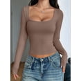 thumbnail image 4 of Womens Long Sleeve Shirts Crop Tops Square Neck Going Out Basics Tees Y2K Winter Clothes Coffee Color L, 4 of 7