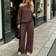 thumbnail image 4 of Gamivast Polka Dot 2 Piece Outfits for Women Long Sleeve One Shoulder Tops and Wide Leg Pants Set Casual Loose Fit Lounge Wear Summer Outfits Coffee M, 4 of 7