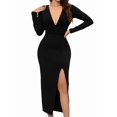 thumbnail image 3 of Women Deep V Neck Long Sleeve Slit Fall Elegant Formal Wedding Guest Cocktail Evening Date Prom Maxi Long Dress Black S, 3 of 9