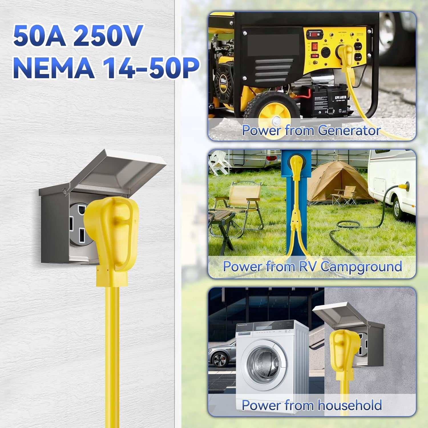 RV Adapter Cord Y Splitter 50 Amp to 30 Amp and 15 Amp NEMA 14-50P to TT-30R & 5-15R 18 Inch Heavy-Duty for RV Camping