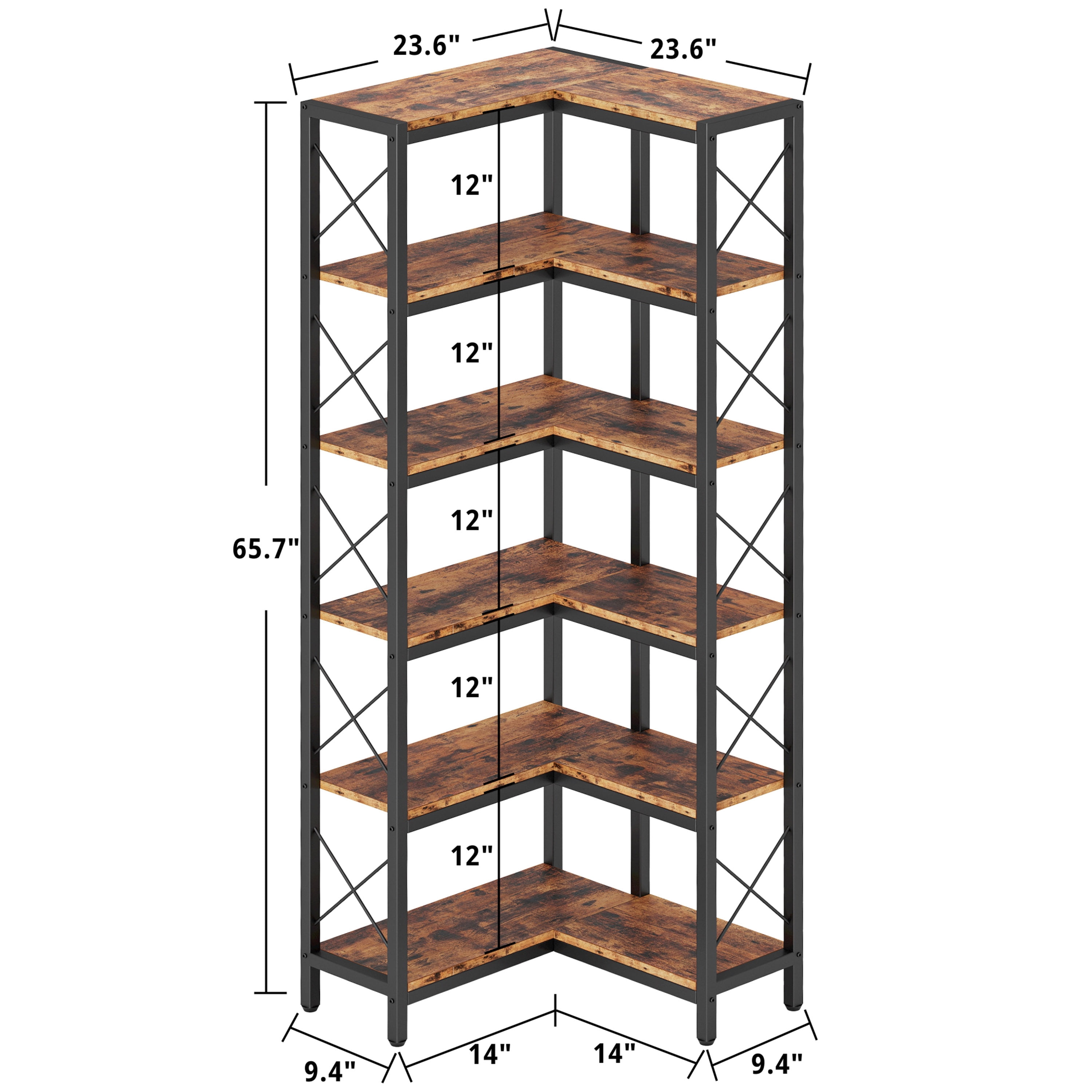 IRONCK 6-Tier Corner Shelf, Industrial L-shaped Display Bookshelf, Freestanding Bookcase for Living Room Home Office, Brown