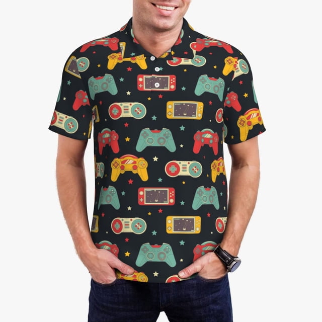 Fotbe Retro Video Game Camiseta Polo de Golf para Hombre con Estampado – Camisa Deportiva Transpirable con Cuello Abotonado-Large