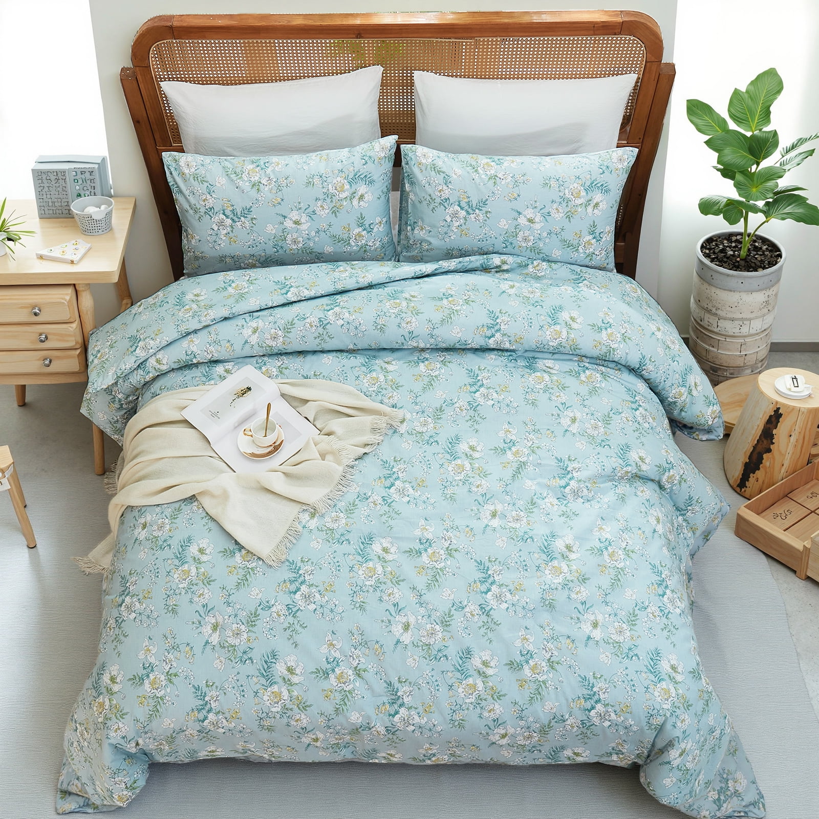 100% Cotton Comforter Set Queen Size, Botanical Floral Comforter with 2 Pillowcases, Vintage Garden Flowers Pattern, Soft Breathable Bedding for All Seasons