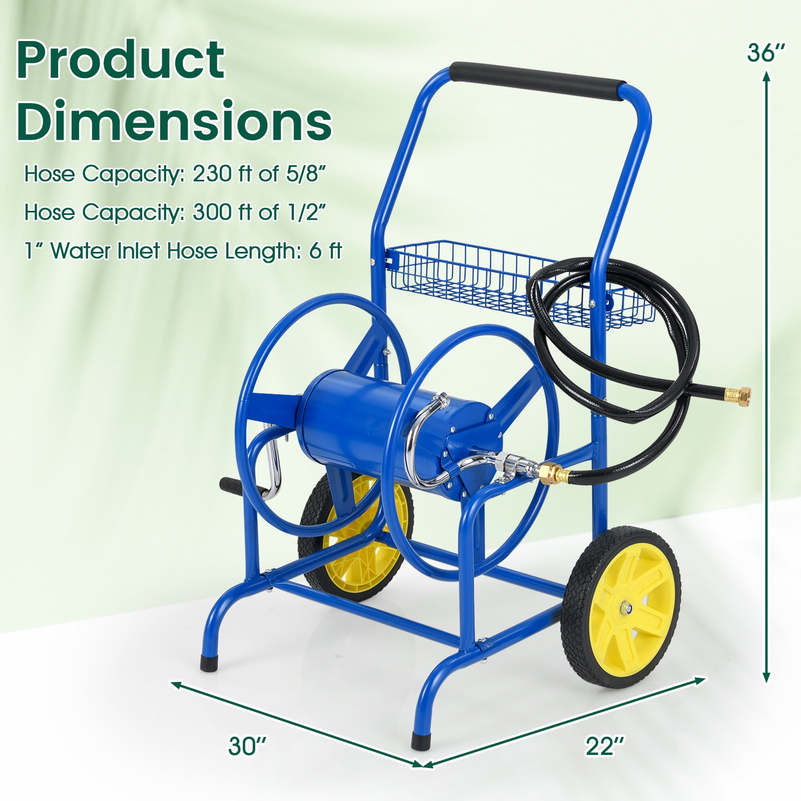 Gymax Garden Hose Reel Cart 230 FT of 5/8'' Large Capacity w/ 2 Wheels Storage Basket Blue