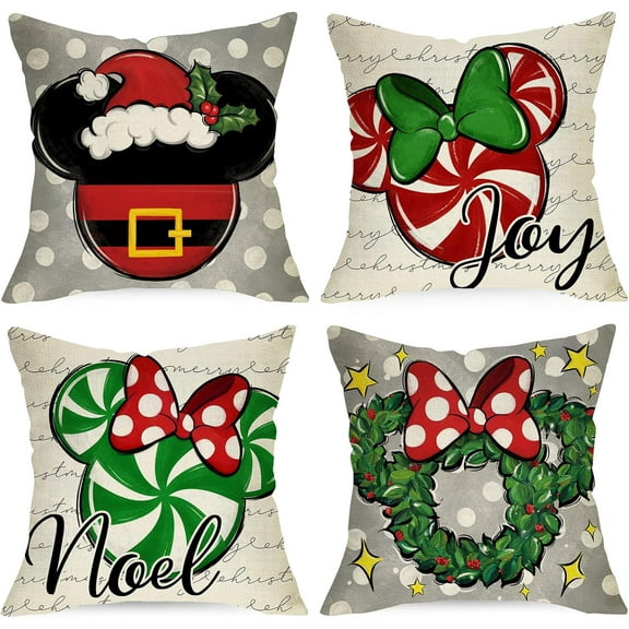 Merry Christmas Decorative Throw Pillow Covers 20x20 Set of 4, Xmas Candy Wreath Polka Dots Bow Cushion Case Decor, Noel Joy Winter Holiday Farmhouse Home Sofa Couch Decoration