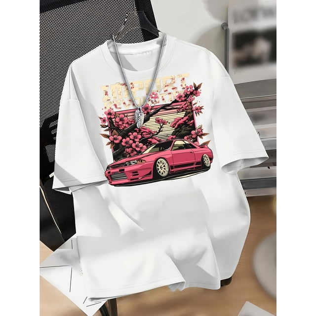 Boy's Summer Casual Red Sports Car Graphic Tee - Soft Cotton, Round Neck, Short Sleeve, Cherry Blossom Design, Machine Washable, Summer Casual Wear | Sports Car Print | Stretchy Fabric
