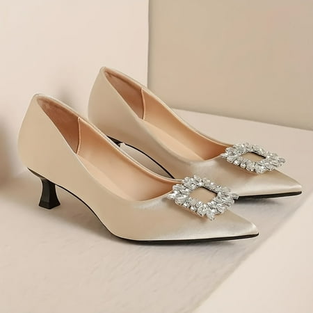 

FLTHDD Women‘s Rhinestone Buckle Kitten Heels Elegant Solid Pointed Toe Slip On Pumps All-Match Banquet Dress Shoes Gift