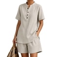 thumbnail image 4 of Arlun Womens Linen 2 Piece Sets Neck Button up Short Sleeve Shirts and Wide Leg Shorts Set Summer Relaxed Fit Casual Two Piece Outfits Solid Color Matching Set Daily Wear Grey S, 4 of 5