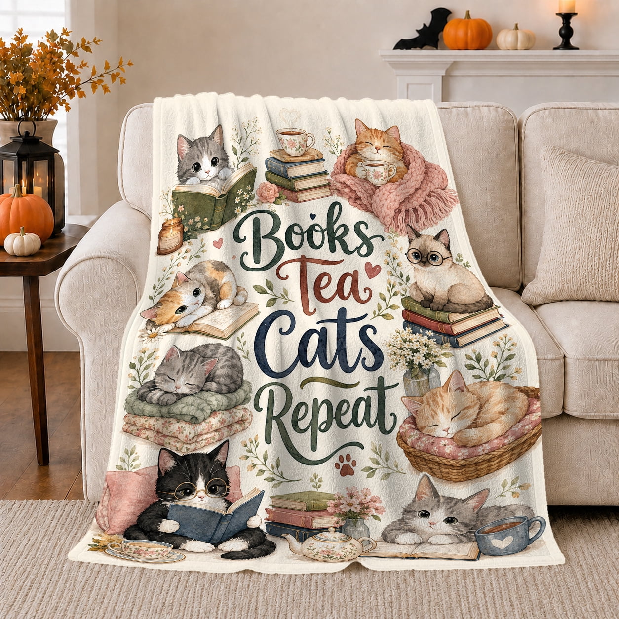 Books decorative motif Cats Repeat Watercolor Design Cat Lovers Playful Food Art Scene Warm Flannel Blanket for Living Room and Reading Nook Cat Lovers Birthday Gift Pet Lover Home Decor