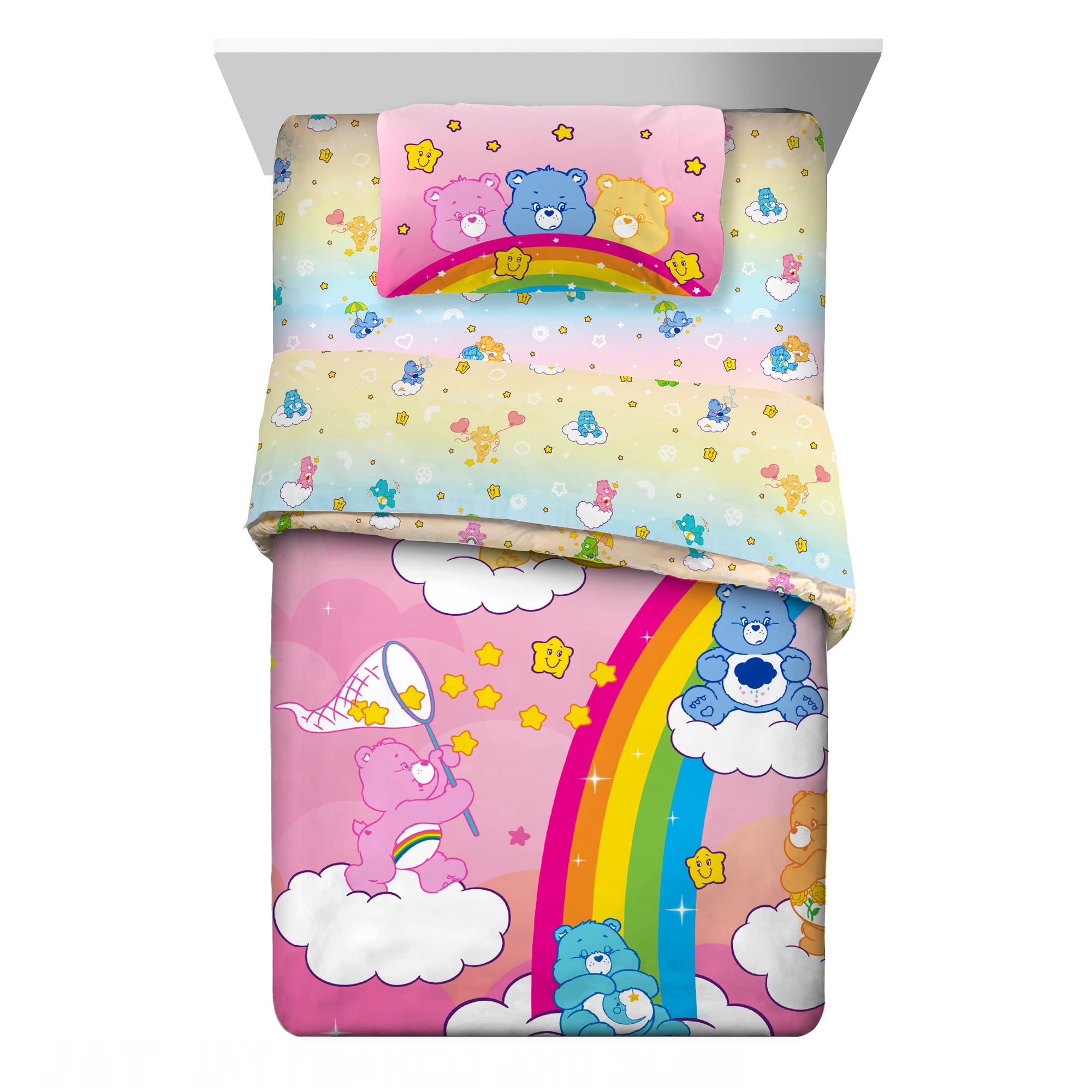 Care Bears Kids 4 Piece Pink Rainbow Reversible Comforter, Bed in a Bag, Twin