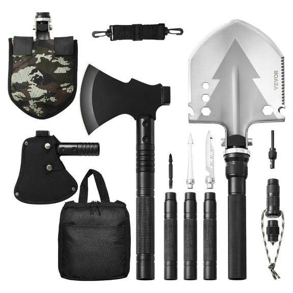 VEVOR Survival Shovel Survival Axe, 16-in-1 Camping Folding Shovels with Hatchet, Stainless Steel Tactical Shovel Hatchet Combo, Multifunctional Emergency Survival Gear Equipment for Camping Hiking