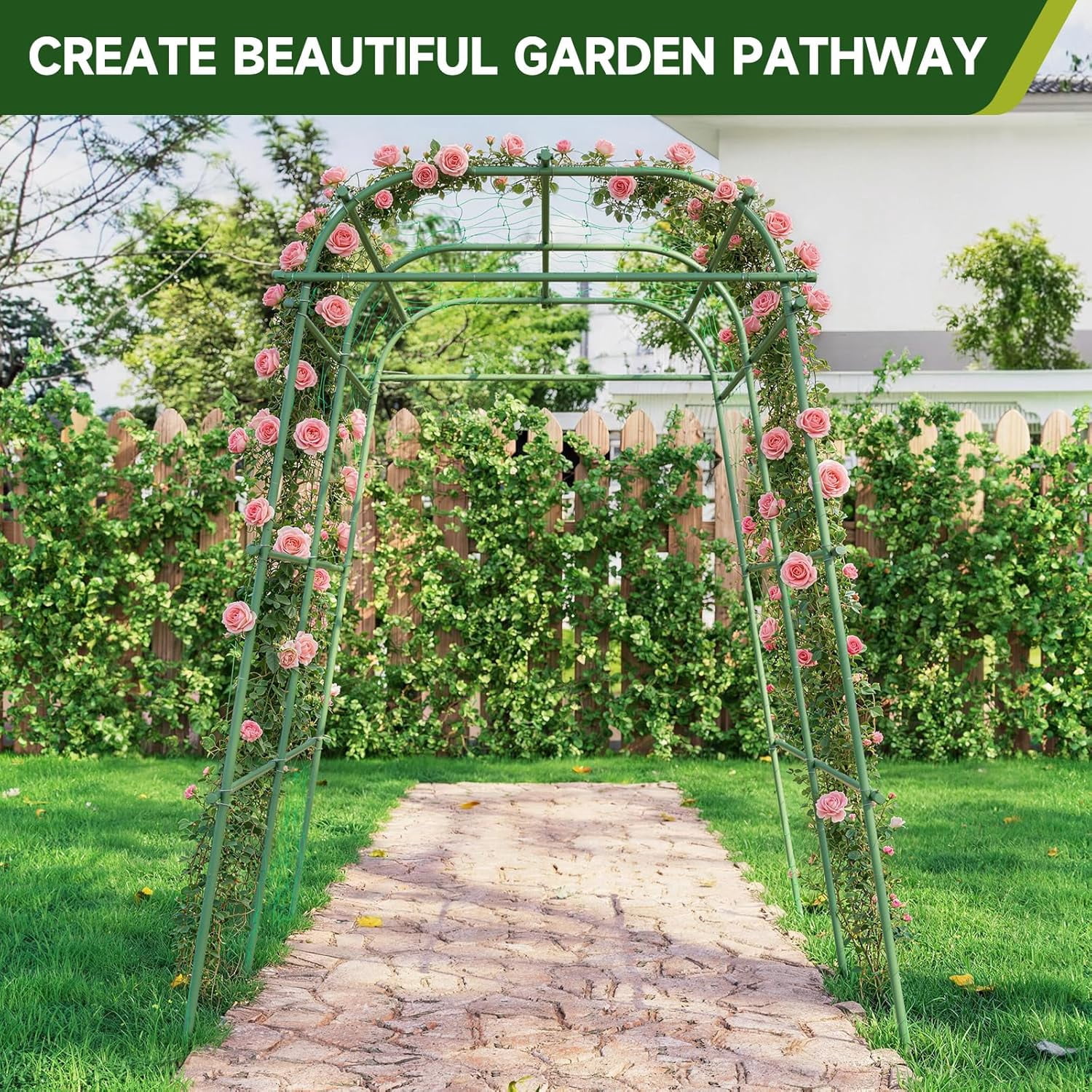 Garden Arch Trellis for Climbing Plants, 6.3ft Tall Heavy Duty Metal Cucumber Trellis, Rustproof Plant Support Tunnel for Tomato, Grape, Bean, Raised Bed and Vegetable Gardens, Green