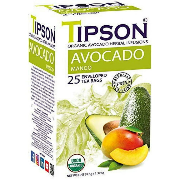 Tipson Avocado Mango | Caffeine Free | All Natural Ingredients | USDA Organic | 25 Enveloped Tea Bags