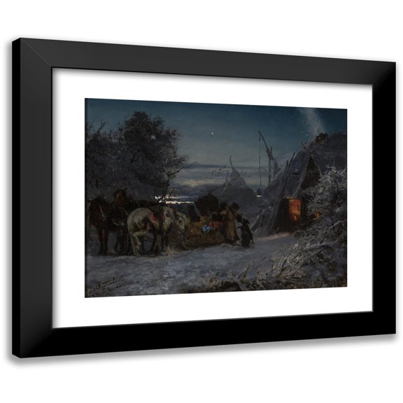 Jozef Chelmonski 14x12 Black Modern Framed Museum Art Print Titled - Sleigh in Front of a Hut at Night (1870)