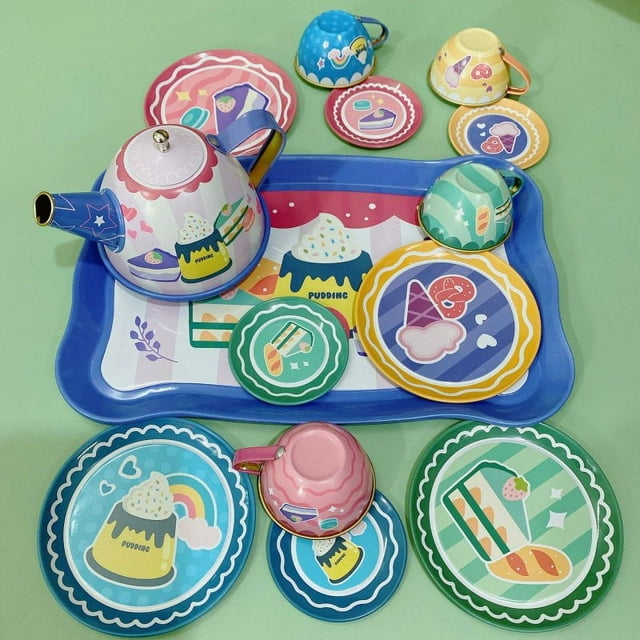 14pcs Tea Party Set For Little Girls Kitchen Utensils Tableware Metal Princess Tea Party Set Pretend Play Toys For Kids Gifts desserts