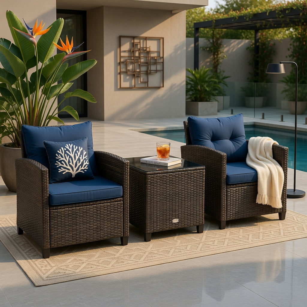 Hommoo 3-Piece Outdoor Rattan Patio Furniture Set with Cushioned Chairs & Tempered Glass Coffee Table, Navy