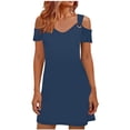 thumbnail image 3 of QIUOMBBP Womens Summer Mini Sundress Short Sleeve Cold Shoulder T Shirts Dress Loose Casual Beach Vacation Dresses Navy S, 3 of 8