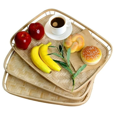 Rectangular Bamboo Wicker Serving Trays with Handles, Handwoven Coffee Trays for Coffee, Breakfast, Bread, Food, Dish and Decorative Trays for Dining Table