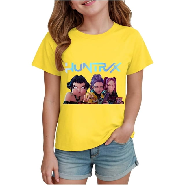 K pop Demon Chandail pour Filles, T-Shirt Graphique Mignon avec Dessin Animé, T-Shirt Tendance et Drôle, Chandail pour Enfants, Hauts Roses, Manches Courtes, Col Ras du Cou