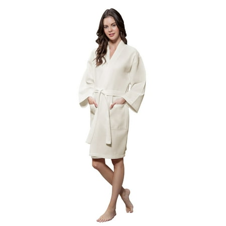 Cotton Knit Wrap Robe - Lightweight Cotton Blend Women Waffle Kimono Spa Robe (Small/Medium, Beige)