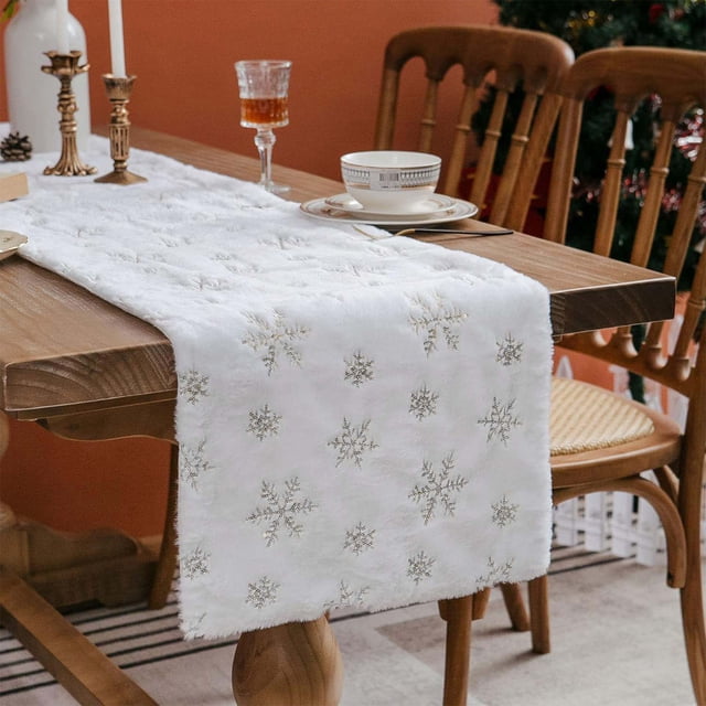 Christmas Sequined Snowflake Faux Fur Table Runner | Holiday Lint Tablecloth Decor | Artificial Wool Dining Table Cover for Home Kitchen Restaurant Festive Party