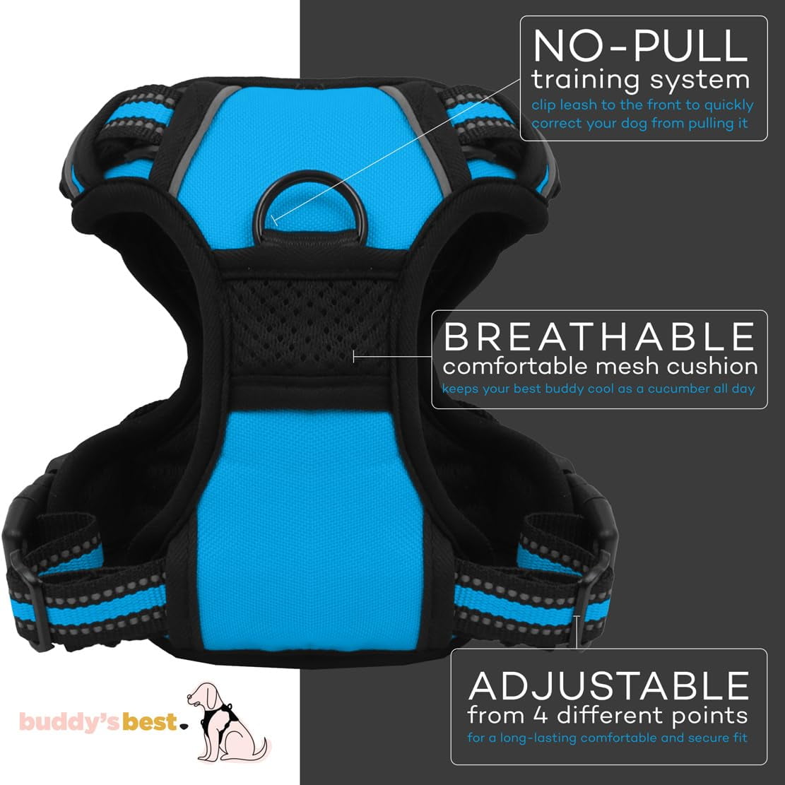 Buddy's Best Dog Harness, No-Pull Pet Harness with 2 Leash Clips, Adjustable Soft Padded Reflective Safety Pet Harness for No-Choke Pet Training (Blue, Medium)