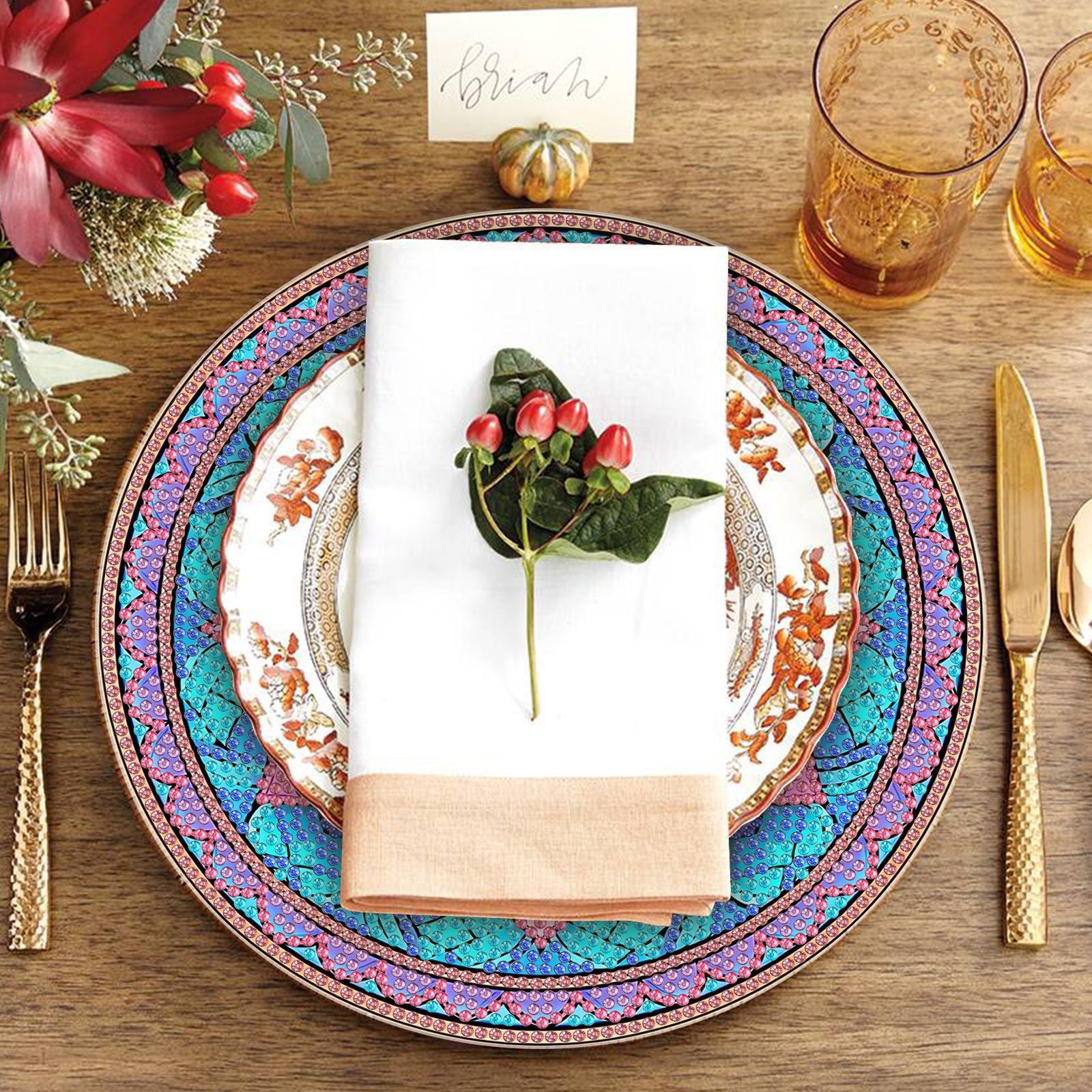 FLOPESN 4 Pcs Diamond Art Painting Coasters,Acrylic Single-Sided Dotted Diamond Dinner Plate Set for Restaurant Decoration-Mandola