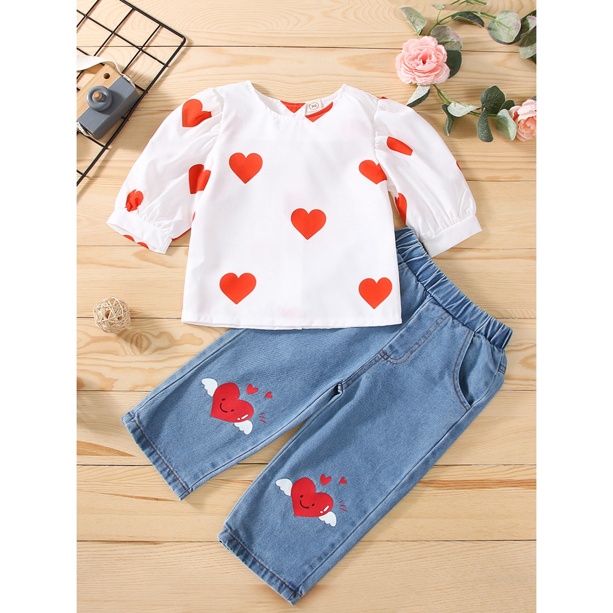 TheFound Baby Kid Girls Pants Set Heart Print Tops with Elastic Waist Jeans