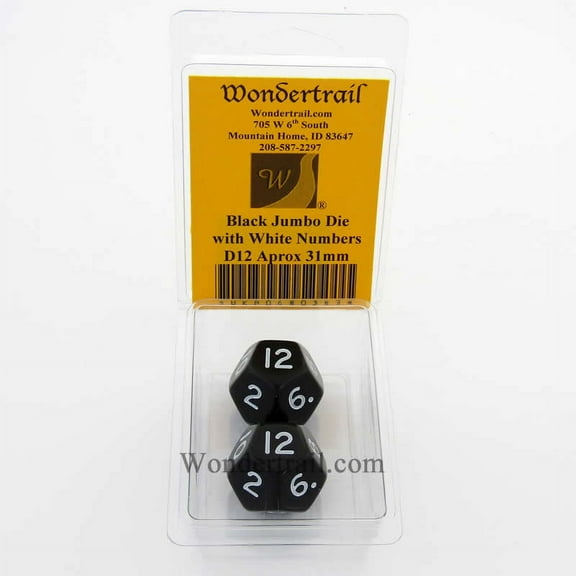 Black Jumbo Dice with White Numbers D12 31mm Pack of 2 Wondertrail