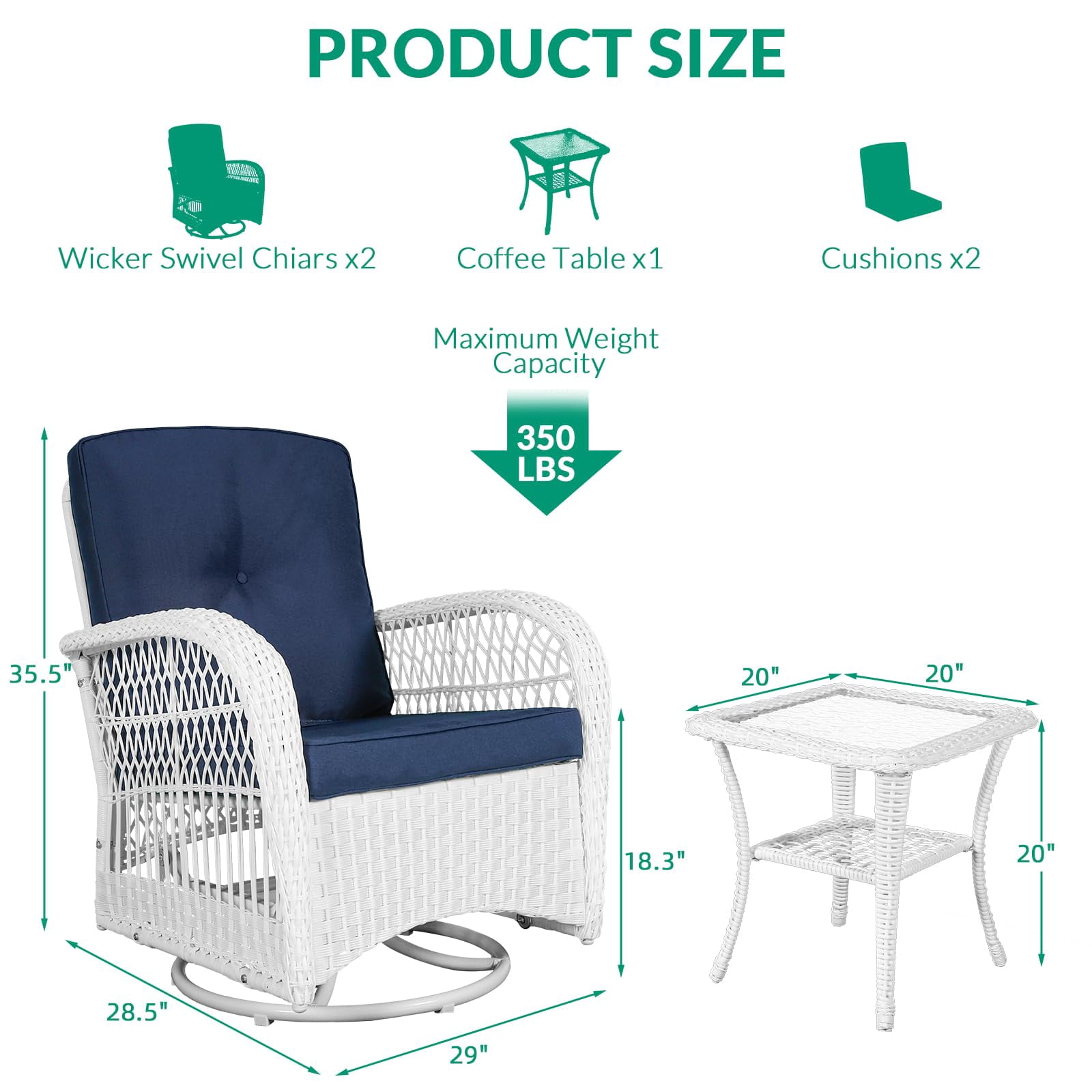 VIVIJASON 3-Piece Outdoor Conversation Bistro Set, Patio Swivel Glider Rocking Chairs Rattan Furniture Sets w/ 2 White Rattan Chairs, Glass Top Side Table for Porch Backyard, Navy Blue Cushions