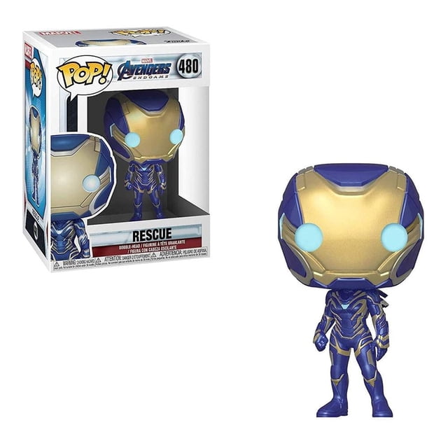 figura funko pop rescue 4.5 pulgadas multicolor, figura coleccionable de PVC con casco dorado y detalles azules y ojos circulares celeste, vista frontal centrada junto a su caja exhibidora con ventana y número 480; también suele usarse para decorar estantes de coleccionistas.
