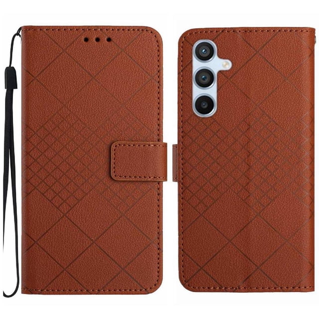 Flip Wallet Case for Samsung Galaxy A25 5G with Kickstand & Wrist Strap, Shockproof TPU Inner Brown