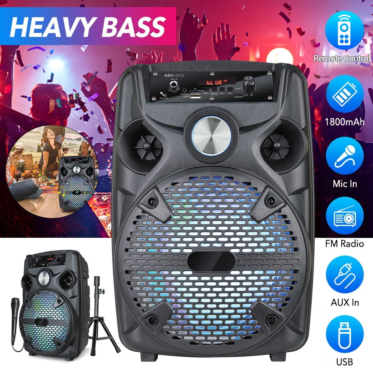 1100W 8" Portable Party Bluetooth Speaker with Tripod Stand Woofer Heavy Bass PA Party Sound System LED Mic AUX USB FM TF Wireless Speaker