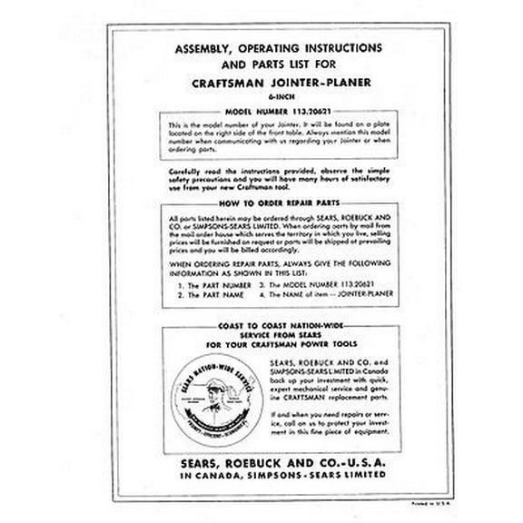 Instruction Manual ONLY for 1960s Craftsman 113.20621 6-1/8" Jointer-Planer Instructions REPRINT