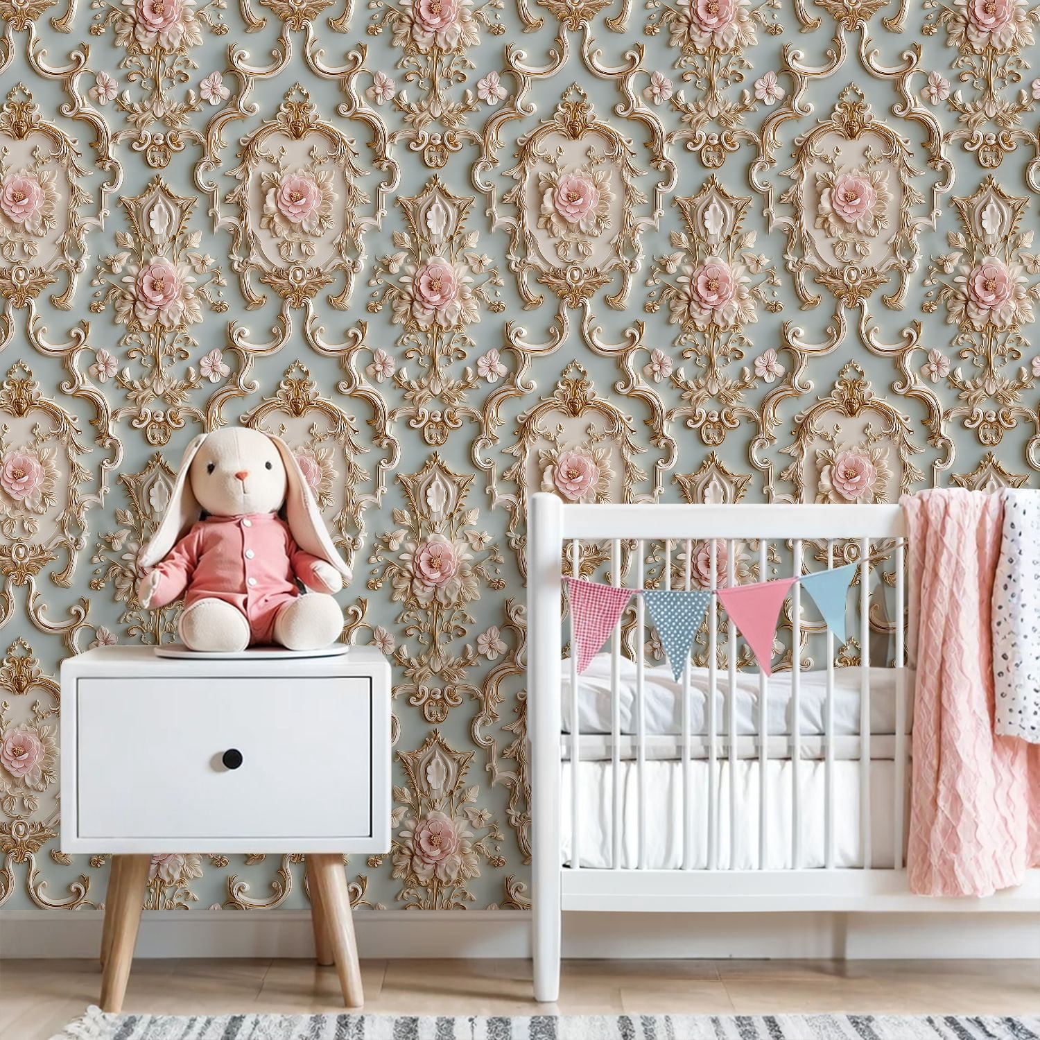 Peel and Stick Wallpaper Ornate Floral Design Soft Pink Flowers Gold Accents Elegant Blue Wall Mural 23.6in x 9.8ft Self Adhesive Removable Wall Paper Renter Friendly Wallpaper for Bedroom